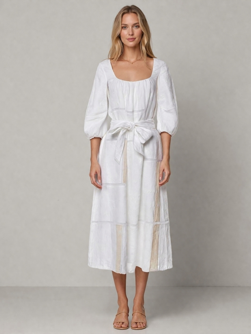 GABRIELA HEARST Square Neckline Daphine Belt Dress Linen Insect Embroidery 38